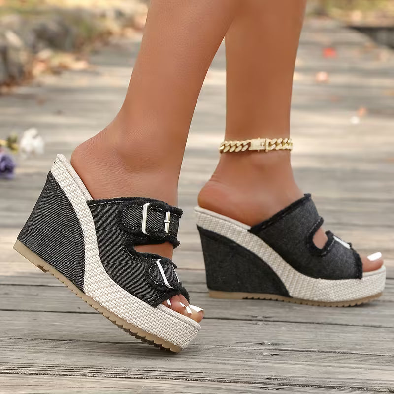 Atelier Denim Wig-Sandalen met Rafelrand