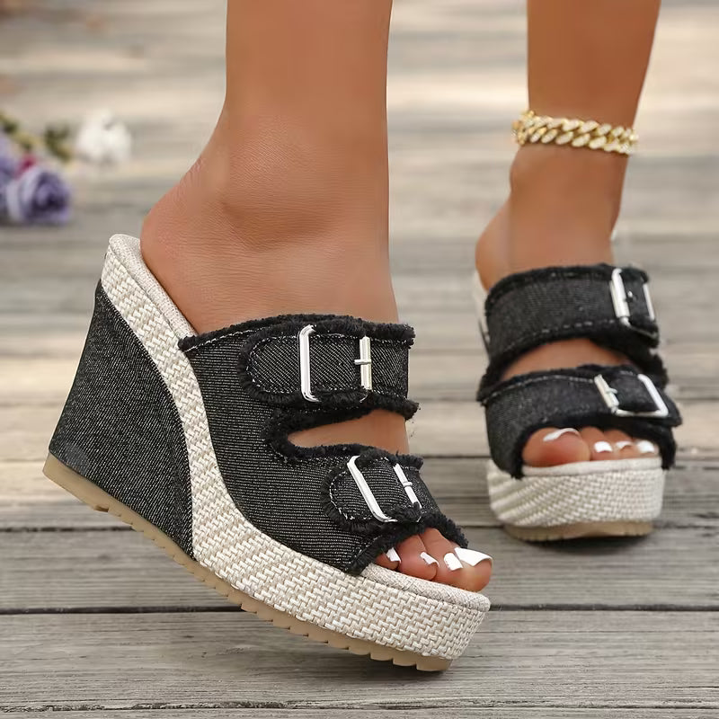 Atelier Denim Wig-Sandalen met Rafelrand