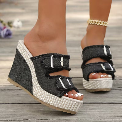 Atelier Denim Wig-Sandalen met Rafelrand
