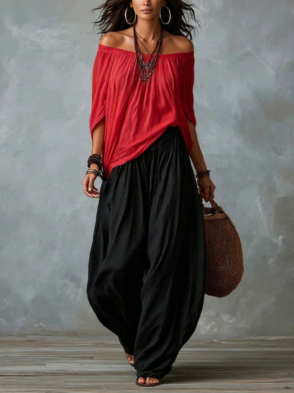 White Off-the-shoulder Top And Loose-fitting Lantern Pants Set