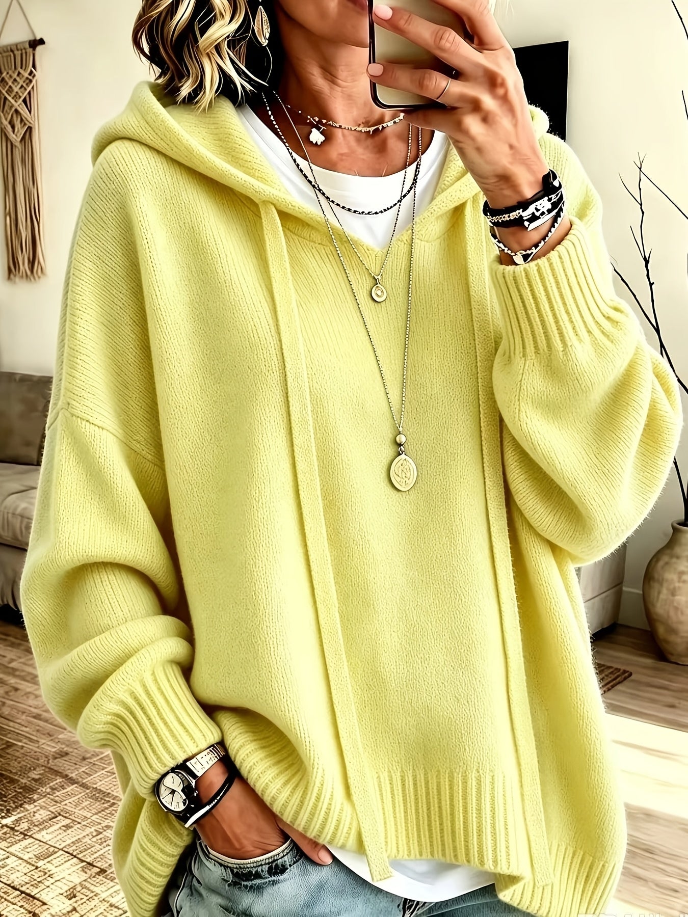 Korean-style Loose Fit Casual Hooded Sweatshirt, Autumn/Winter Solid Color Simple Versatile Drop Shoulder Lantern Sleeve Hoodie, 2026 New Fashion Women's Clothing