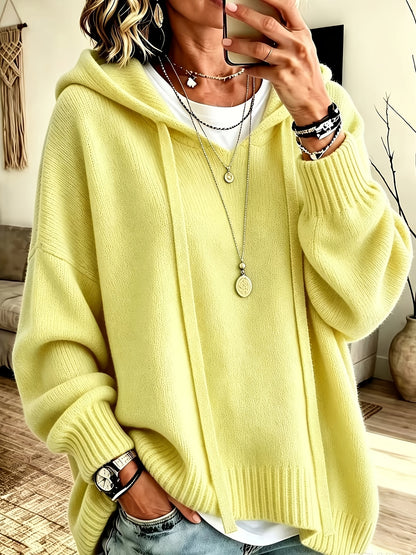 Korean-style Loose Fit Casual Hooded Sweatshirt, Autumn/Winter Solid Color Simple Versatile Drop Shoulder Lantern Sleeve Hoodie, 2026 New Fashion Women's Clothing