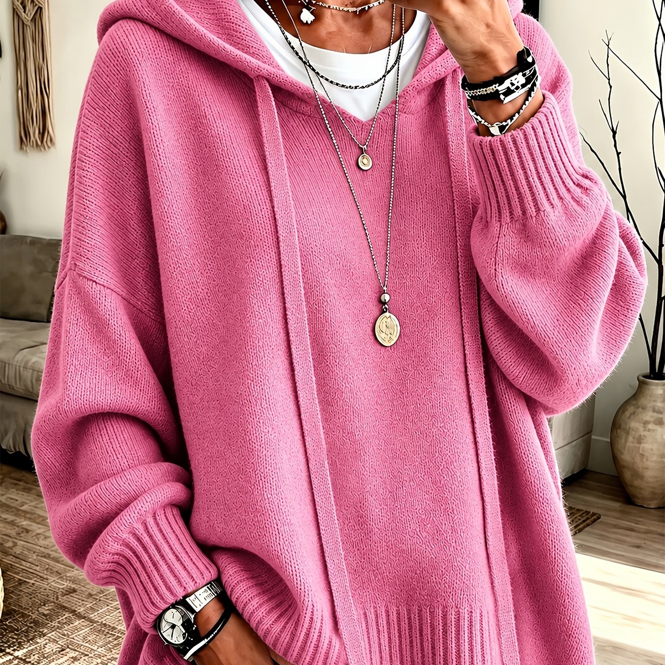 Korean-style Loose Fit Casual Hooded Sweatshirt, Autumn/Winter Solid Color Simple Versatile Drop Shoulder Lantern Sleeve Hoodie, 2026 New Fashion Women's Clothing
