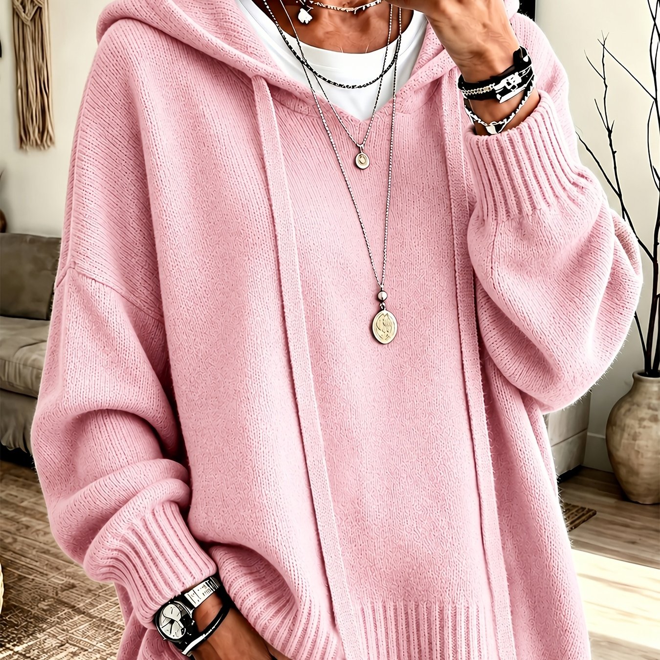 Korean-style Loose Fit Casual Hooded Sweatshirt, Autumn/Winter Solid Color Simple Versatile Drop Shoulder Lantern Sleeve Hoodie, 2026 New Fashion Women's Clothing