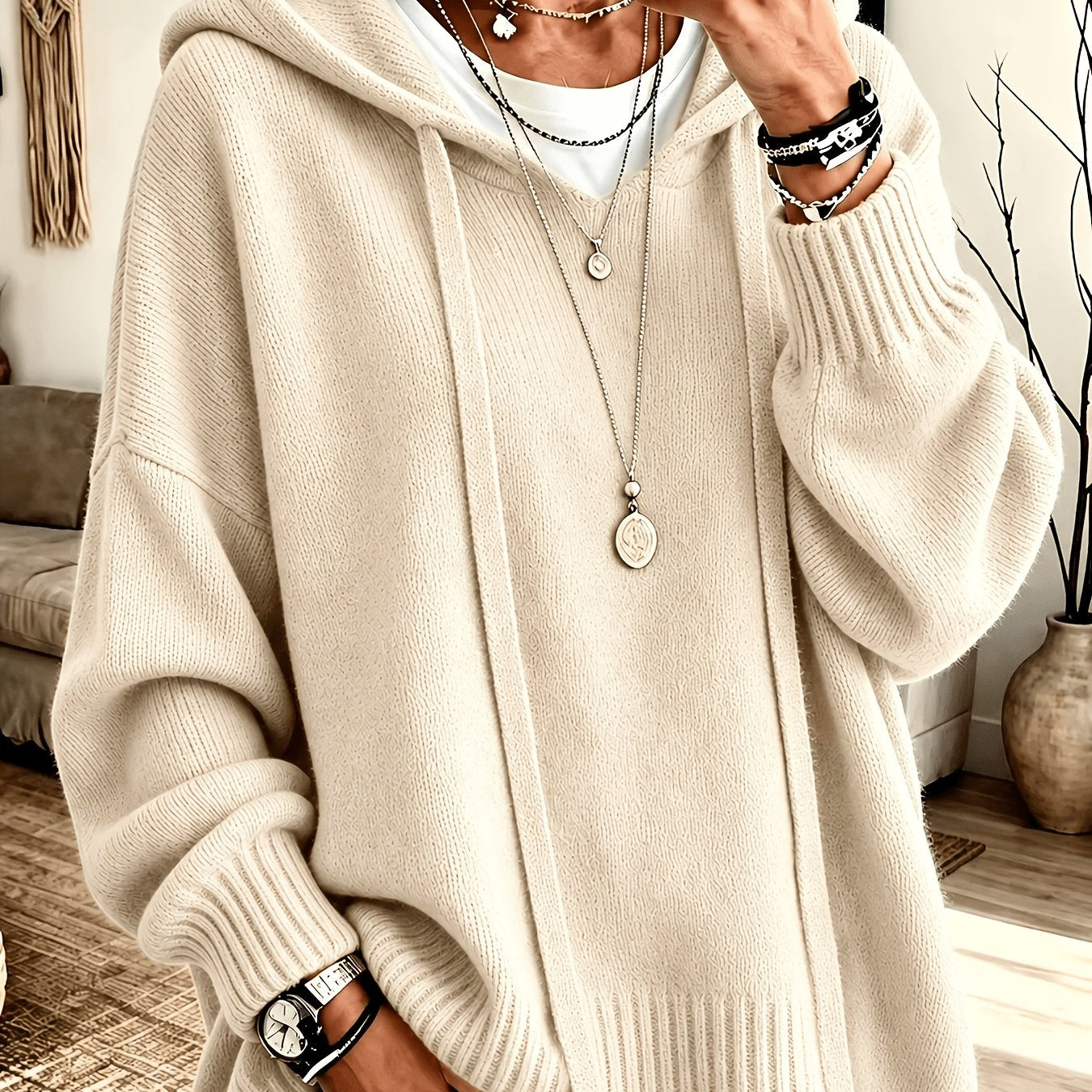 Korean-style Loose Fit Casual Hooded Sweatshirt, Autumn/Winter Solid Color Simple Versatile Drop Shoulder Lantern Sleeve Hoodie, 2026 New Fashion Women's Clothing