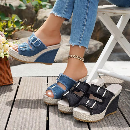 Atelier Denim Wig-Sandalen met Rafelrand