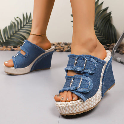 Atelier Denim Wig-Sandalen met Rafelrand