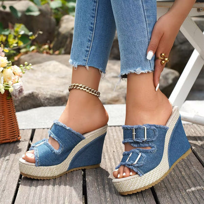 Atelier Denim Wig-Sandalen met Rafelrand