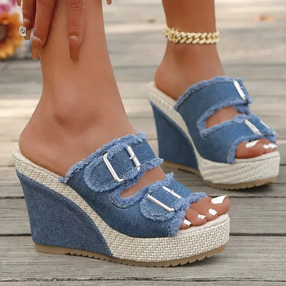 Atelier Denim Wig-Sandalen met Rafelrand
