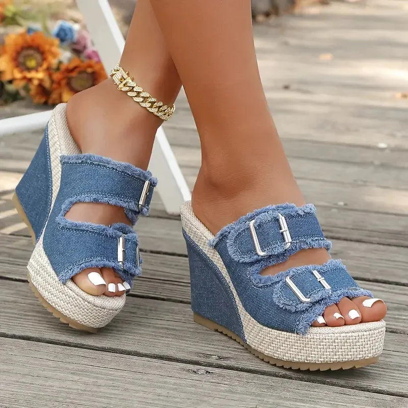 Atelier Denim Wig-Sandalen met Rafelrand