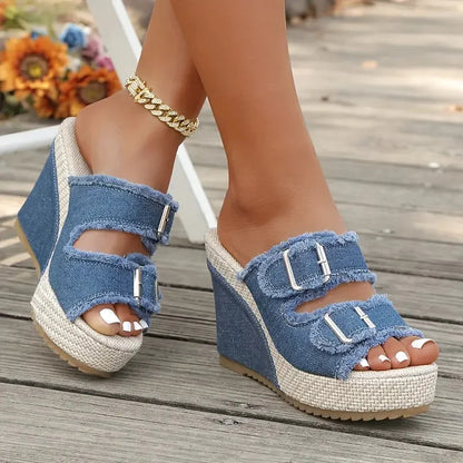 Atelier Denim Wig-Sandalen met Rafelrand