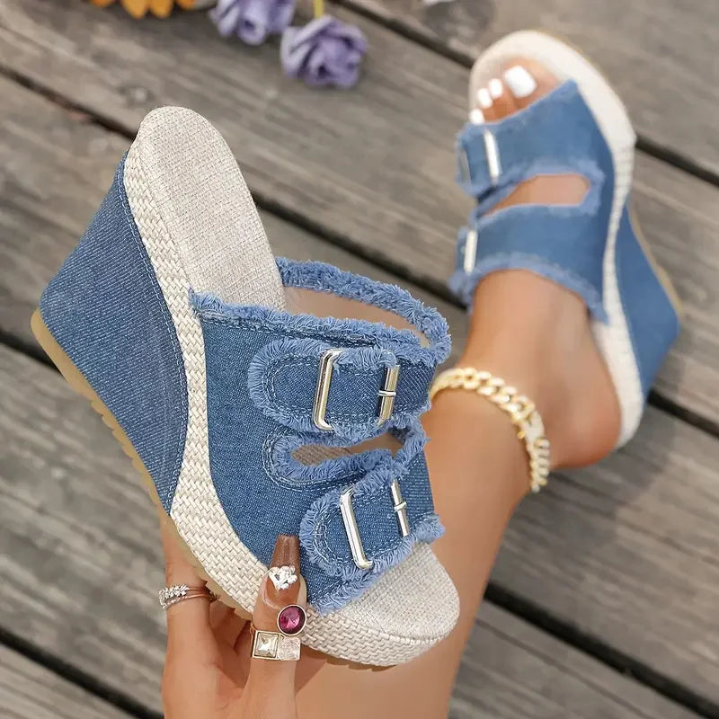 Atelier Denim Wig-Sandalen met Rafelrand