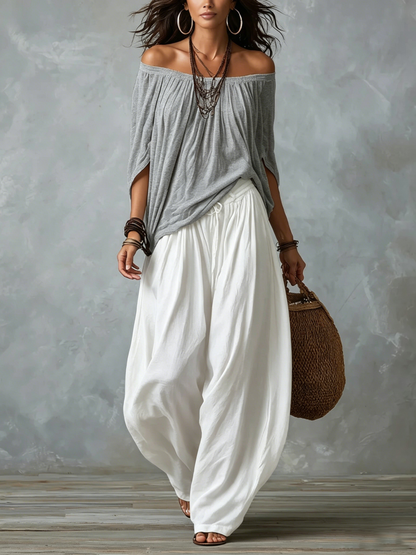 White Off-the-shoulder Top And Loose-fitting Lantern Pants Set