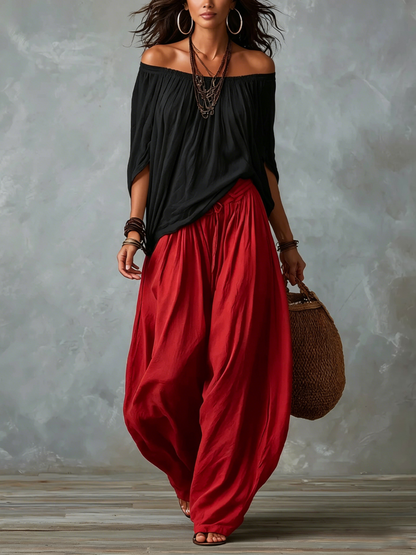 White Off-the-shoulder Top And Loose-fitting Lantern Pants Set