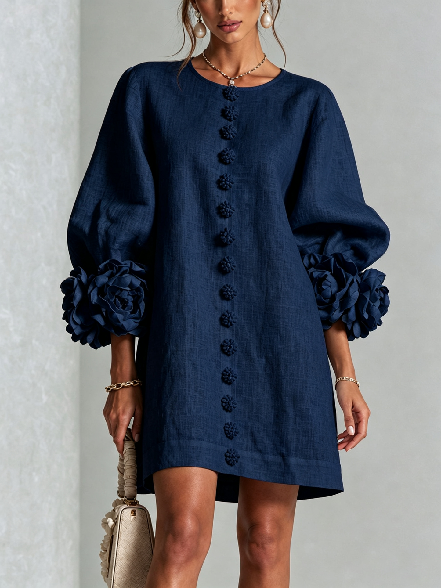 White Floral Button-down Mini Dress With Striking Floral Cuffs