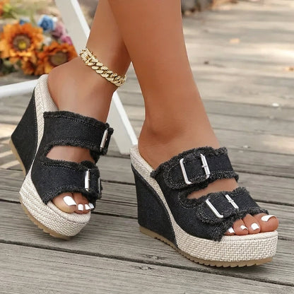 Atelier Denim Wig-Sandalen met Rafelrand