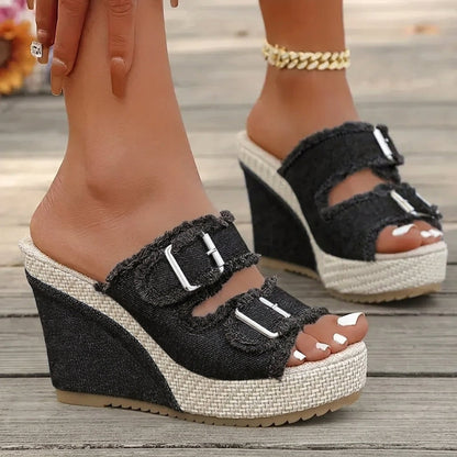 Atelier Denim Wig-Sandalen met Rafelrand
