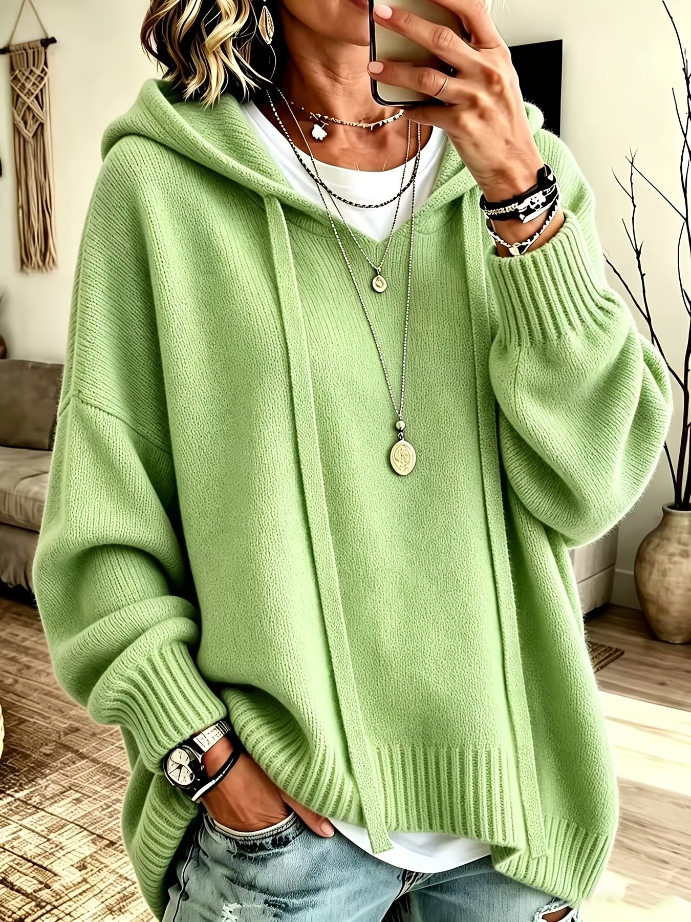 Korean-style Loose Fit Casual Hooded Sweatshirt, Autumn/Winter Solid Color Simple Versatile Drop Shoulder Lantern Sleeve Hoodie, 2026 New Fashion Women's Clothing