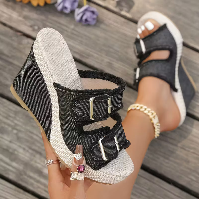 Atelier Denim Wig-Sandalen met Rafelrand