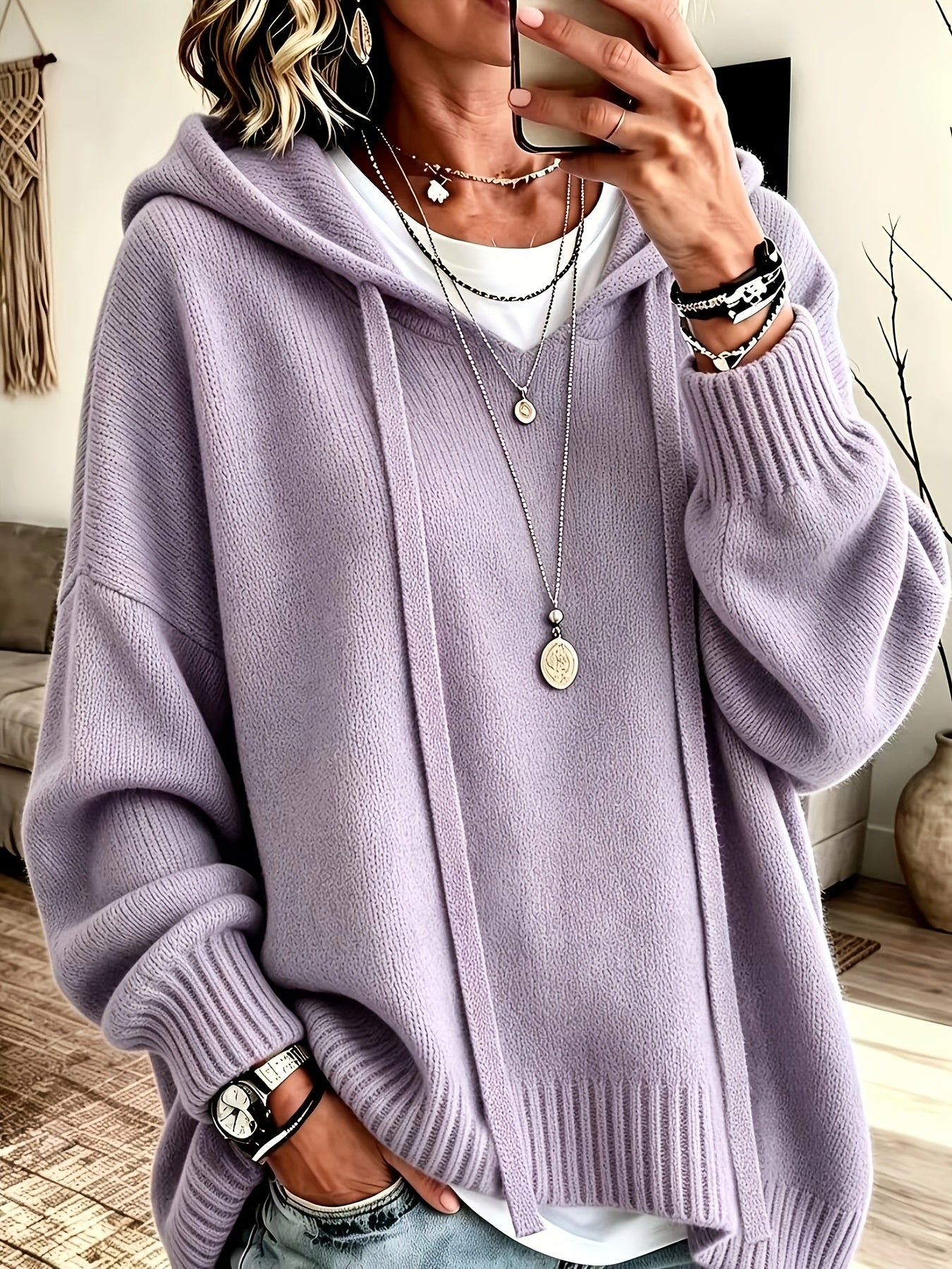 Korean-style Loose Fit Casual Hooded Sweatshirt, Autumn/Winter Solid Color Simple Versatile Drop Shoulder Lantern Sleeve Hoodie, 2026 New Fashion Women's Clothing