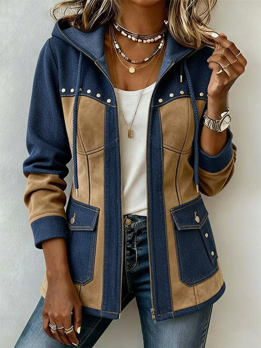 Adriana | Chaqueta con Capucha en Azul Marino y Camel